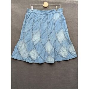 Vtg Studio West Denim Midi Skirt Blue Patchwork Y2K A-Line Boho Western Size L